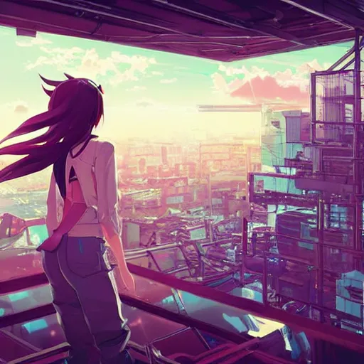 Prompt: android mechanical cyborg anime girl overlooking overcrowded urban dystopia. long flowing soft hair. scaffolding. pastel pink clouds baby blue sky. gigantic future city. raining. makoto shinkai. wide angle. distant shot. polygonal