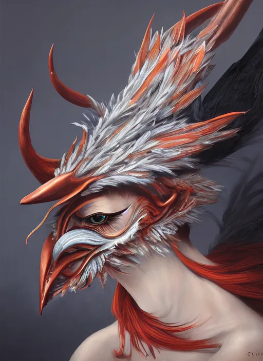 Image similar to a beautiful detailed oil on copper art illustration of a japanese tengu mask devil woman, elongated nose in the shape of a bird's beak, centered, by charlie bowater, zeng fanzh, trending on artstation, dim dusk lighting, cinematic lighting, detailed lighting, volumetric lighting, realistic, f 8, 4 k hd wallpaper