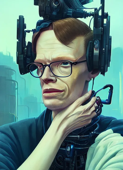 Image similar to highly detailed surreal vfx portrait of a cyberpunk stephen hawkins, stephen bliss, unreal engine, greg rutkowski, loish, rhads, beeple, makoto shinkai and lois van baarle, ilya kuvshinov, rossdraws, tom bagshaw, alphonse mucha, global illumination, detailed and intricate environment