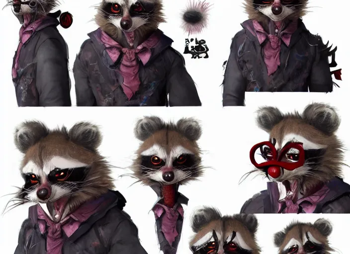 Image similar to award - winning detailed concept art of a creepy clown anthropomorphic raccoon character wearing clown makeup face paint. art by wlop on bcy. net, realistic. detailed fur, art by cheng yi. artstationhd, artgerm, 3 dcg, pixar zootopia. 3 d rendering, high quality model sheet, disney. model sheet detailed