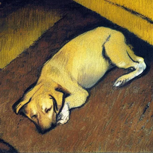 Prompt: degas painting of a yellow lab sleeping contentedly on a patterned rug inside a house at night, lit by warm yellow floodlights