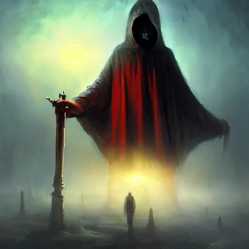 Image similar to ''cinematic shot'' of a necromancer hooded mage creating his army of undead foggy realism etmosferic casper david friedrich raphael lacoste vladimir kush leis royo volumetric light effect broad light oil painting painting fantasy art style sci - fi art style realism premium prints available artwork unreal engine