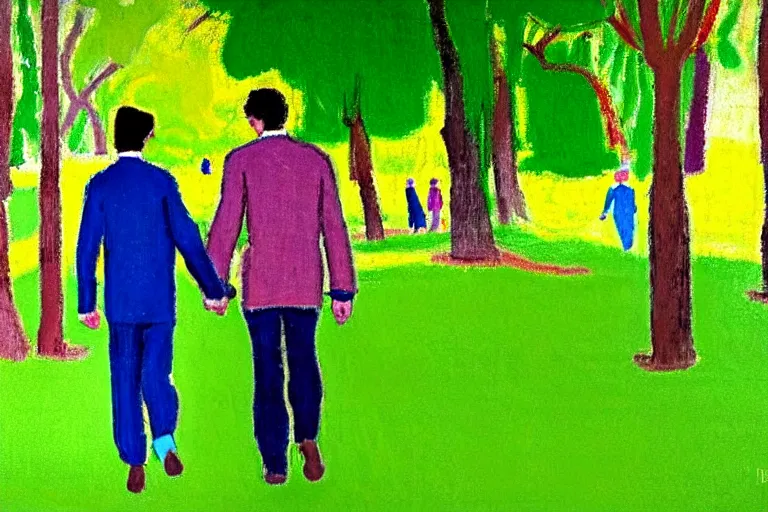 Image similar to a very tall man named John with dark hair holding the hands of a short young boy named Alex with dark hair as they walk in a park on a bright beautiful colorful day. part in the style of an edgar degas painting. part in the style of david hockney