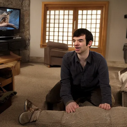 Prompt: nathan fielder watching lord of the rings in a basement