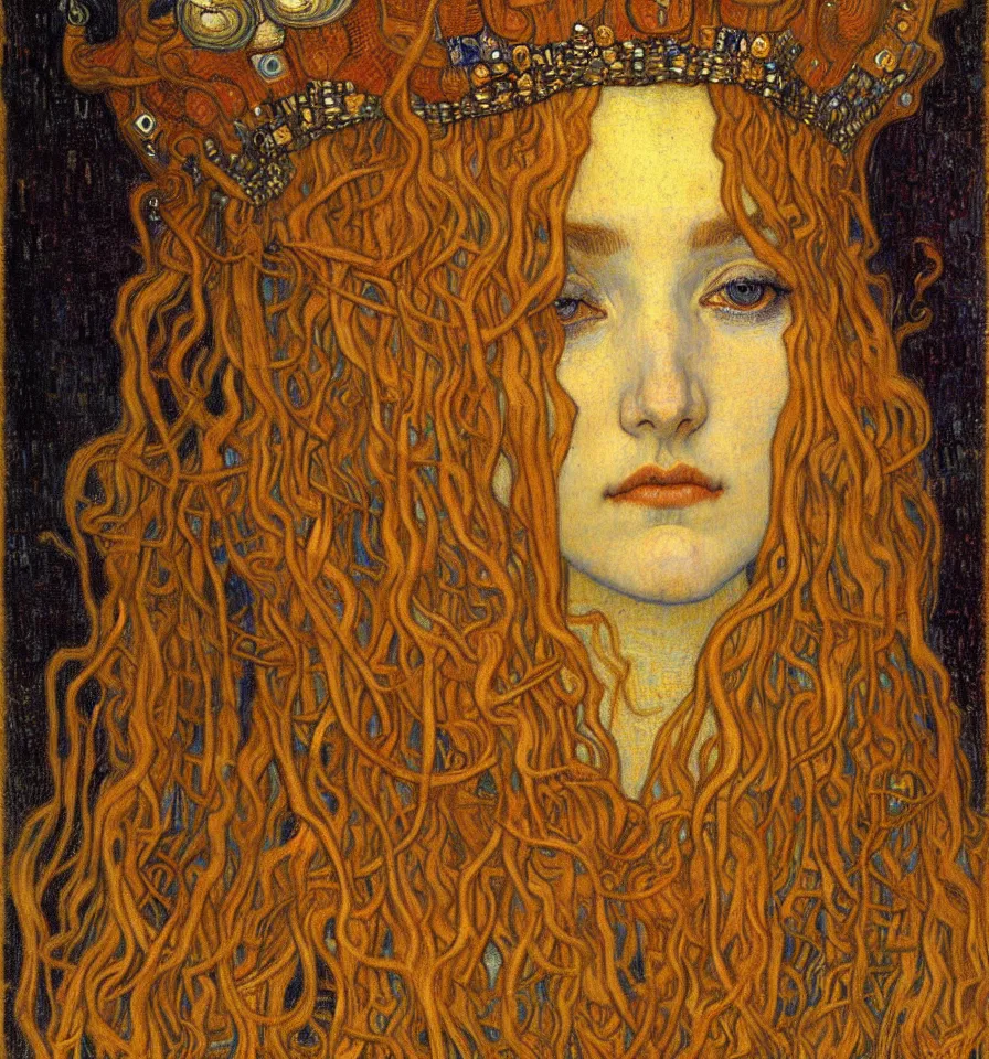 Image similar to detailed realistic beautiful young medieval queen face portrait by jean delville, gustav klimt and vincent van gogh, art nouveau, symbolist, visionary, gothic, pre - raphaelite, muted earthy colors, desaturated