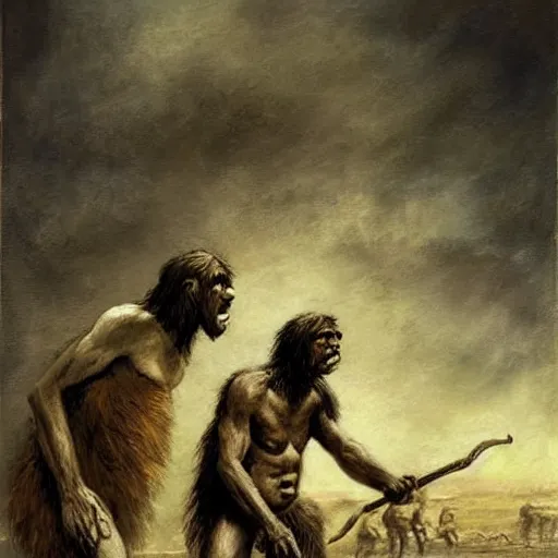 Image similar to historical picture war between homo sapien and neanderthal, artstaton, stable art detailed,