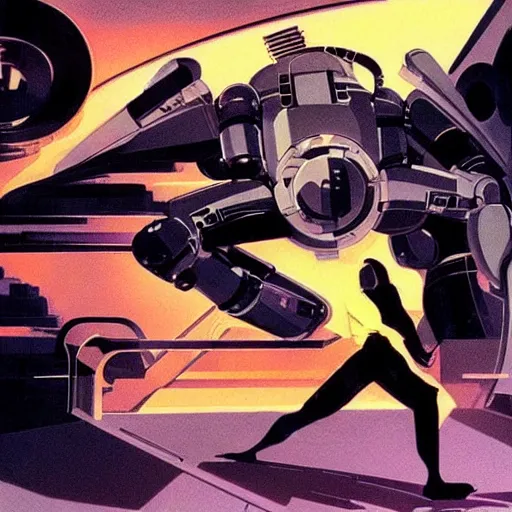 Prompt: beautiful robot destroying himself because of explosion. concept art for sci fi robots movie. by syd mead, 1 9 7 4