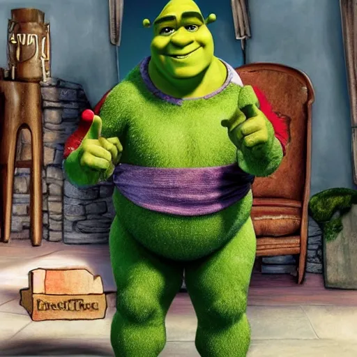 Image similar to shrek combined with both mr rogers and the rock