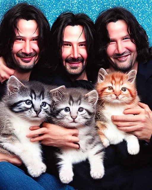 Image similar to “ head and shoulders glamour portrait of keanu reeves smiling at the camera and cradling four kittens in his arms, pastel colored glittery background, extremely high quality photo, studio lighting, 8 k, hd, hdr ”