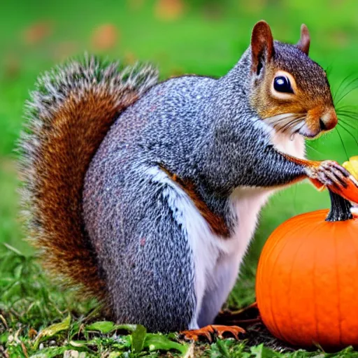 Prompt: squirrel with pumpkin instead of a head