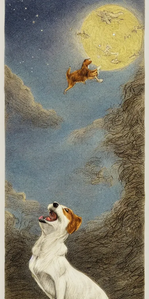 Image similar to jack russel dog looking up and howling with mouth open sad, night sky, highly detailed, side view, illustrated by peggy fortnum and beatrix potter and sir john tenniel