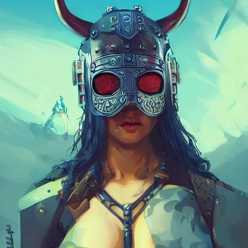 Image similar to cyberpunk viking helmet mask warrior goddess robot ninja fantasy, art gta 5 cover, official fanart behance hd artstation by jesper ejsing, by rhads, makoto shinkai and lois van baarle, ilya kuvshinov, ossdraws