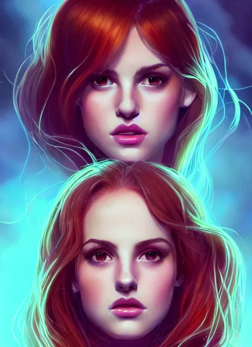 Prompt: full body portrait of teenage cheryl blossom, bangs, green eyes, sultry expression, red hair, sultry smirk, bangs and wavy hair, bangs, intricate, elegant, glowing lights, highly detailed, digital painting, artstation, concept art, smooth, sharp focus, illustration, art by wlop, mars ravelo and greg rutkowski