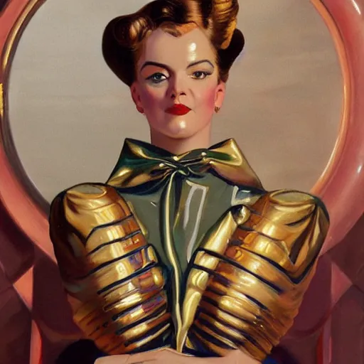 Prompt: closeup painting of uncannily beautiful aristocrat wearing latex and bronze catsuitand face paint inside bronze art deco arcology, science fiction by j. c. leyendecker and fritz lang and stefan prohaczka