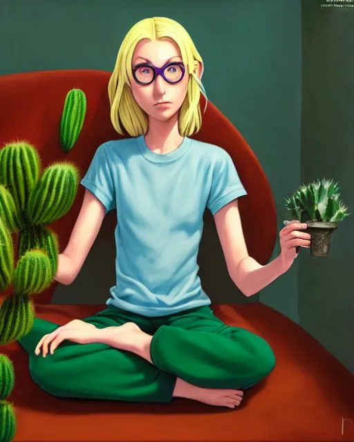 Prompt: An epic fantasy comic book style portrait painting of a woman, very expressive, light blue piercing eyes, round face, glasses, blonde medium hair, wearing a green shirt and comfy pants, sitting on the bed, in a bedroom, with cactus plants in the room, character design by Mark Ryden and Pixar and Hayao Miyazaki, unreal 5, DAZ, hyperrealistic, octane render, cosplay, RPG portrait, dynamic lighting, intricate detail, summer vibrancy, cinematic