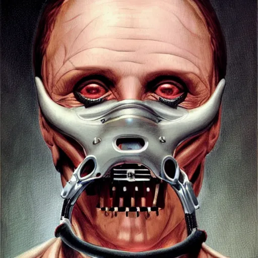 Prompt: ! dream hannibal lector, in the style of gerald brom, symmetry, smooth, sharp focus, semi - realism, intricate detail