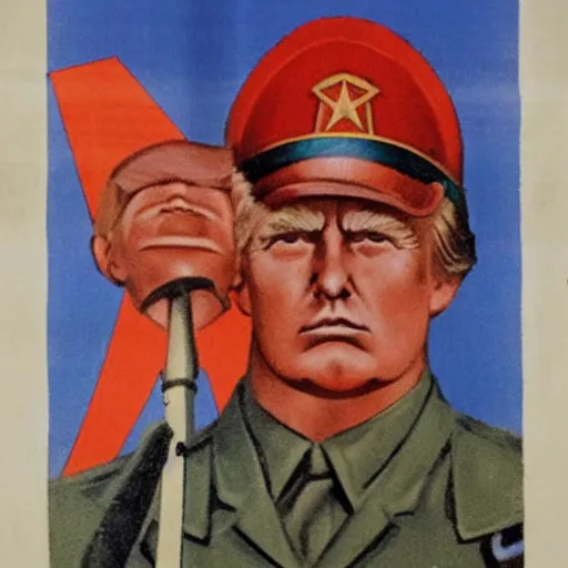 Image similar to ussr propaganda art demonstrating red army soldier looking as donald trump