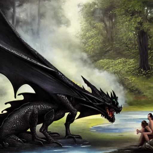 Prompt: highly detailed oil painting of a black dragon in the middle of a geothermal hotspring in the woods, featured on artstation