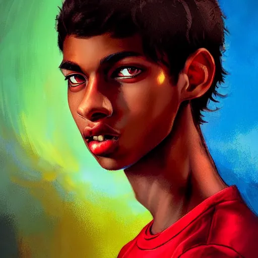 Image similar to colorful and festive captivating teenager with straight brown hair covering his eye, dark skin, big lips, big eyes, wearing a red t - shirt. rich vivid colors, ambient lighting, dynamic lighting, 4 k, atmospheric lighting, painted, intricate, highly detailed by charlie bowater