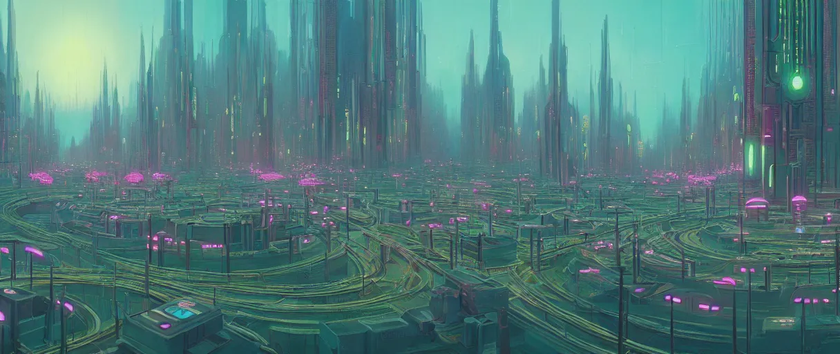 Image similar to beautiful painting of anemone city in the dreams of a mainframe in the style of Simon Stålenhag and H. R. Giger, detailed, trending on Artstation