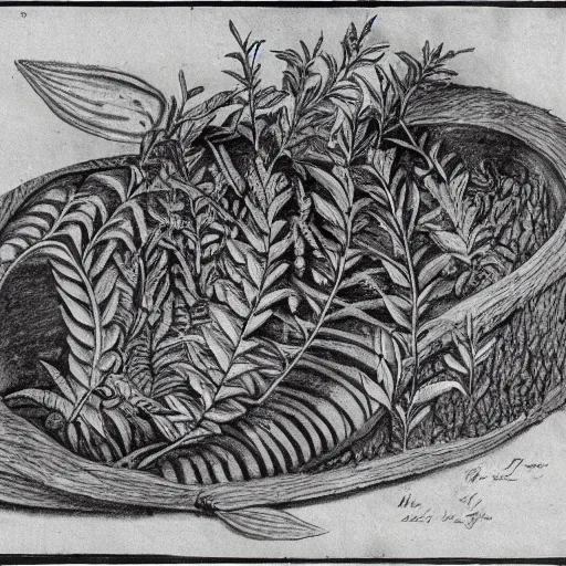 Image similar to botanical drawing of a mermaid buried underground in a coffin cutaway showing below ground and plants above ground
