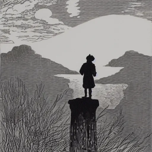 Prompt: Wanderer above the Sea by Caspar David Friedrich as a black and white Linocut