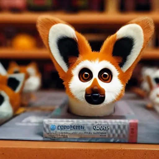 Image similar to corgi furby toy on a store shelf, cute, hyperrealistic, award - winning photograph