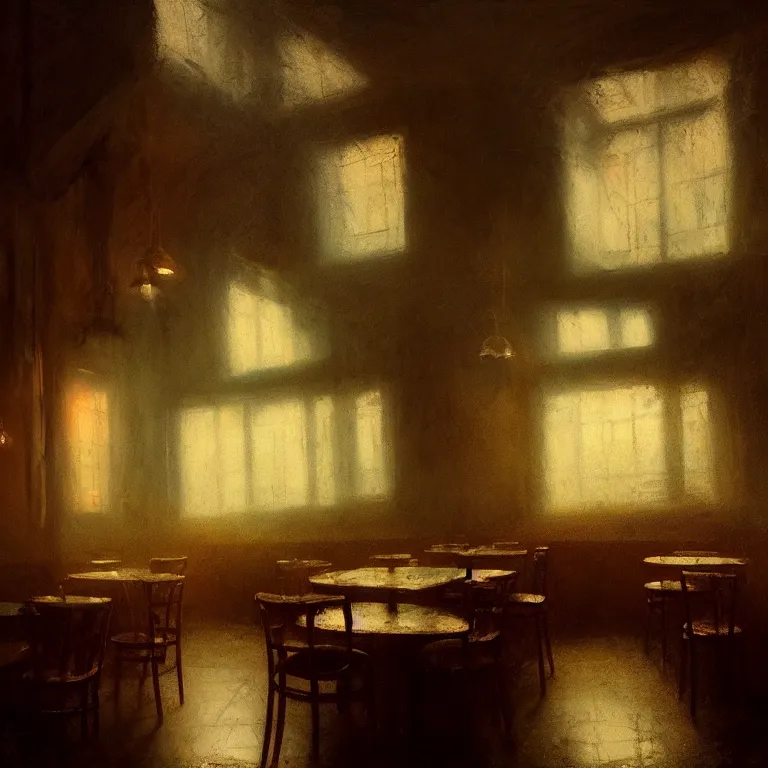 Image similar to interior of pizzeria by jeremy mann, soft grainy bloom lucid dream - like atmosphere, harsh flash photo, baroque portrait painting, perfect composition, detailed octane render trending on artstation, 8 k artistic photography, volumetric cinematic perfect light, chiaroscuro, masterpiece, raphael, caravaggio, beksinski, rutkowski, beeple