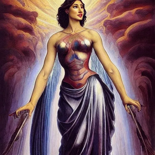 Image similar to Full body oil painting of the beautiful goddess Gal Gadot, she is wearing a peplos and a surreal ornate, her hair is natural disheveled, she is approaching heaven over the clouds, naturalism, dramatic lighting, high-detailed oil painting by Ilya Repin, Michelangelo da Caravaggio, William Blake, Alex Grey and Beksinski, trending on Artsation, hystorical painting, naturalism, masterpiece, 4k, 8k,