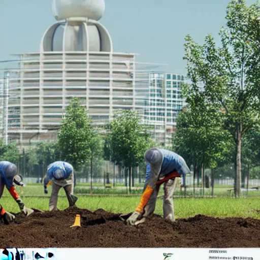 Image similar to a group of workers planting trees in front of a clean white sci fi containment building with a utopian city in the distance