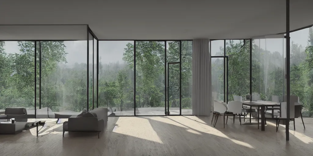 Prompt: architecture render of interior of a beautiful modern home, large windows with a beautiful view of a forest, realistic, hd, 8 k, digital rendering, unreal engine, blender, octane, maya