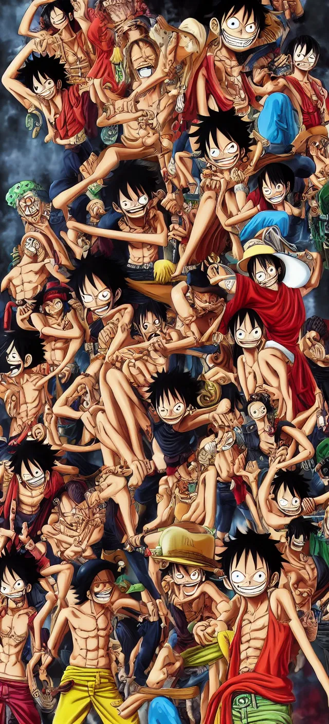 Prompt: monkey d luffy's crew from one piece ( 1 9 9 7 ) digital art, roronoa zoro, nami, chopper, sanji, trending on artstation, incredibly detailed, vibrant, award winning, intricate