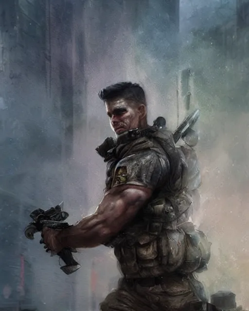 Image similar to battle hardened charismatic man soldier muscular, face centered portrait, confident, ruined cityscape, zombies, fog, rain, volumetric lighting, soft light particles floating near her, illustration, perfectly shaded, soft painting, art by krenz cushart and wenjun lin