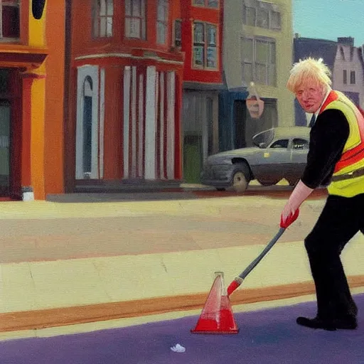 Image similar to A fine art painting of Boris Johnson doing community service in a high vis vest, he is picking litter on a British street. In the style of Edward Hopper and Wes Anderson