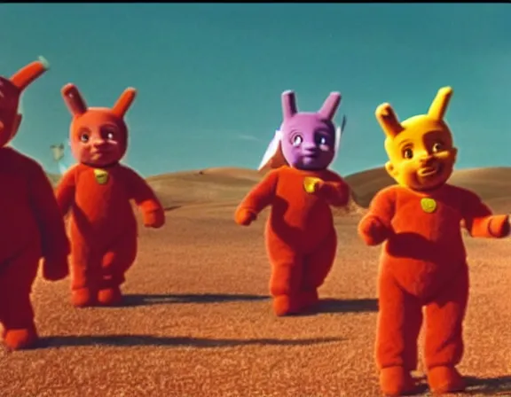 Prompt: teletubbies in mad max, film still, screenshot, desert, cinematic