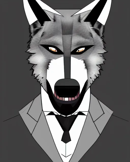 Image similar to a man in a suit and tie with a wolf mask on, a character portrait by kamagurka, extremely detailed, trending on deviantart, furry art, furaffinity, behance hd, official art