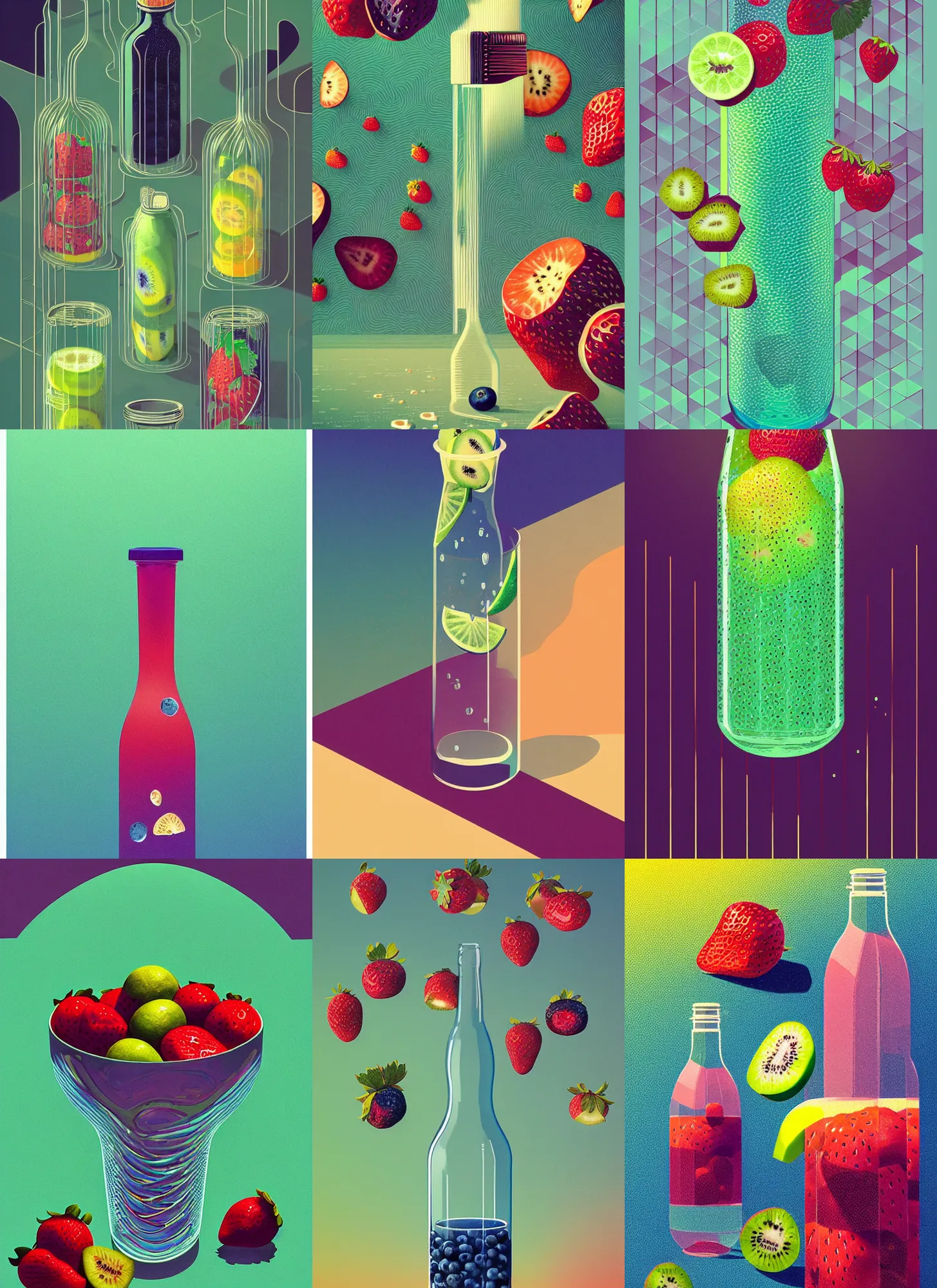 Prompt: ( ( dither ) ), editorial illustration strawberries blueberries sliced kiwi sliced lemon inside a clear drinking bottle, isometric, modern art deco, ( ( mads berg ) ), christopher balaskas, victo ngai, rich grainy texture, detailed, dynamic composition, wide angle, matte print, art nouveau, unreal engine, victo ngai