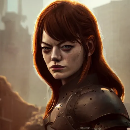 Prompt: emma stone portrait, dystopia core, apocalyptic, armor, warrior, dramatic, sharp focus, fiction, neon, fantasy, hyper detailed, digital art, trending in artstation, cinematic lighting, studio quality, smooth render, unreal engine 5 rendered, octane rendered, art style and nixeu and wlop and krenz cushart