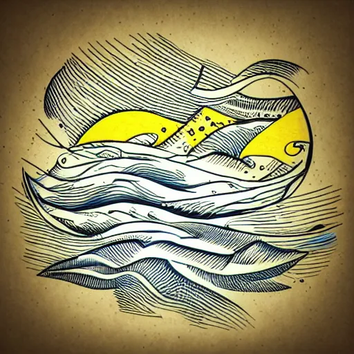 Prompt: tattoo sketch of a ocean, for leg. on a yellow canva, ornamental, line art, vector,