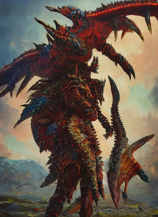 Prompt: detailed full body concept art illustration oil painting of a monster hunter in full intricate colorful clothing, ultra detailed, digital art, octane render, 4k