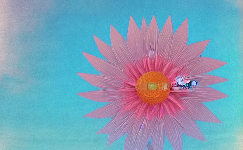 Image similar to one single stand alone huge hyperdetailed minimalist elaborate flower, seen from the long distance. by the sea. maximalist unexpected elements. free sky in plain natural warm tones. 8 x 1 6 k hd mixed media 3 d collage in the style of a childrenbook illustration in pastel tones. matte matte background. no frame hd