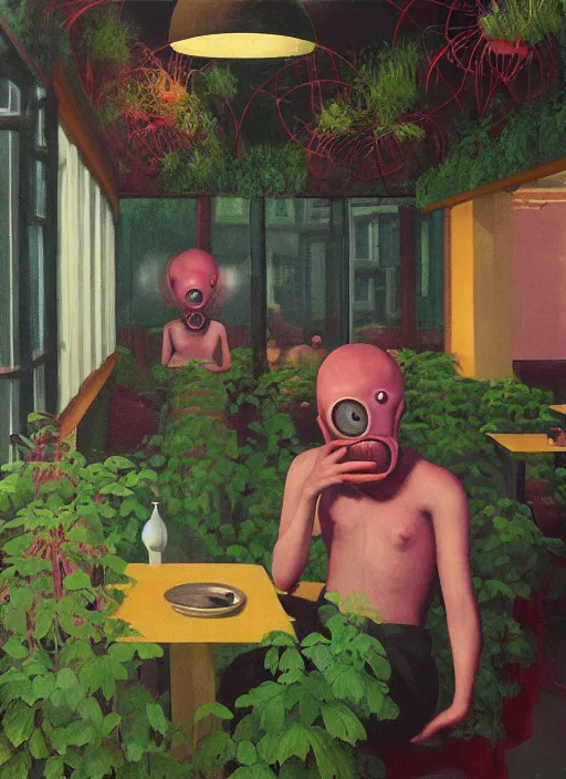 Prompt: spherical people with gas masks at restaurant overgrown with vegetation in the style of Edward Hopper and James Gilleard, Zdzislaw Beksinski, open ceiling, highly detailed, painted by Francis Bacon, painted by James Gilleard, surrealism, airbrush, Ilya Kuvshinov, WLOP, Stanley Artgerm, very coherent, art by Takato Yamamoto and James Jean