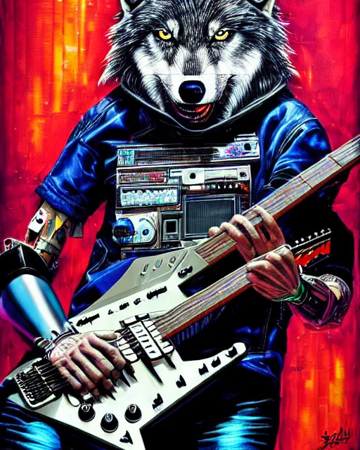 Image similar to a portrait of an anthropomorphic cyberpunk wolf shredding an electric guitar by sandra chevrier, by jon foster, detailed render, tape deck, epic composition, cybernetics, 4 k realistic, cryengine, realistic shaded lighting, sharp focus, masterpiece, by enki bilal