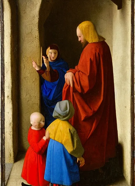 Image similar to Two little brothers meet a young man, medieval painting by Jan van Eyck, Johannes Vermeer, Florence