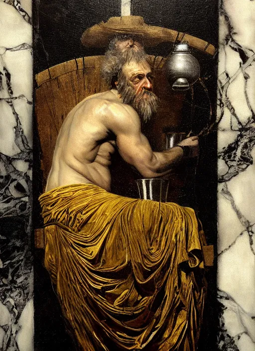 Image similar to highly detailed oil painting | very intricate | cinematic lighting | black, white and gold color scheme, dark background | diogenes in his barrel dressed by alexander mcqueen | by roberto ferri, by gustav moreau, by singer sargent and klimt, american romanticism, occult art | by austin osman spare, artstation, cgsociety, official art, octane