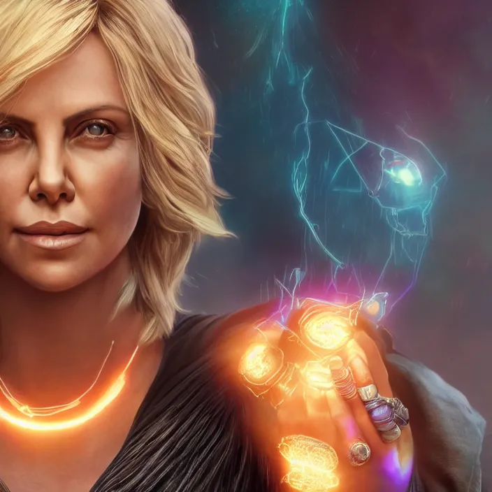 Image similar to portrait of ((Charlize Theron)), wearing The Infinity stones. SNAP. intricate artwork. octane render, trending on artstation, very coherent symmetrical artwork. avengers. thanos. cinematic, hyper realism, high detail, octane render, 8k, iridescent accents