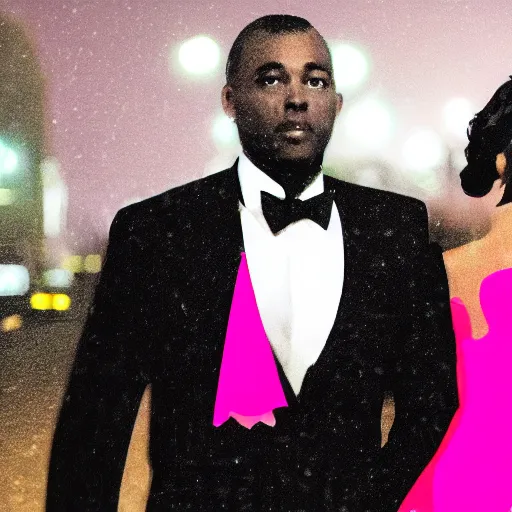 Image similar to A black man wearing white suit and a black tie with a white woman wearing a pink dress on street at night , traffic in background , highly detailed face