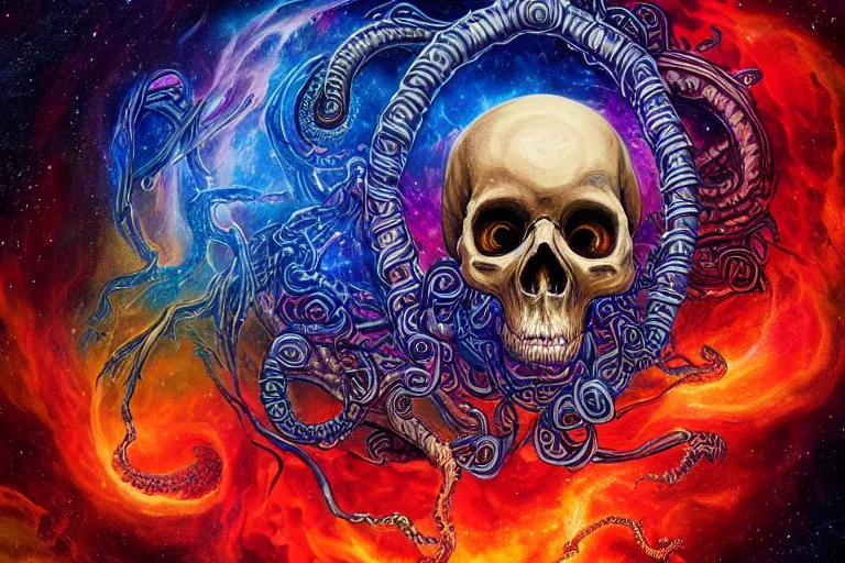 Image similar to a giant skull with intricate rune carvings and red eyes with lovecraftian tentacles emerging from a space nebula by dan mumford, smoke trails, digital art, photorealistic, vivid colors, highly detailed, intricate