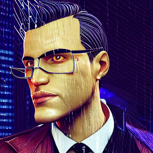 Image similar to stylish cartoon portrait made out of rain, pinstripe suit, cyberpunk background, rendered in octane, unreal engine, highly detailed, trending on artstation, realistic, neon, beautiful, volumetric lighting, depth of field