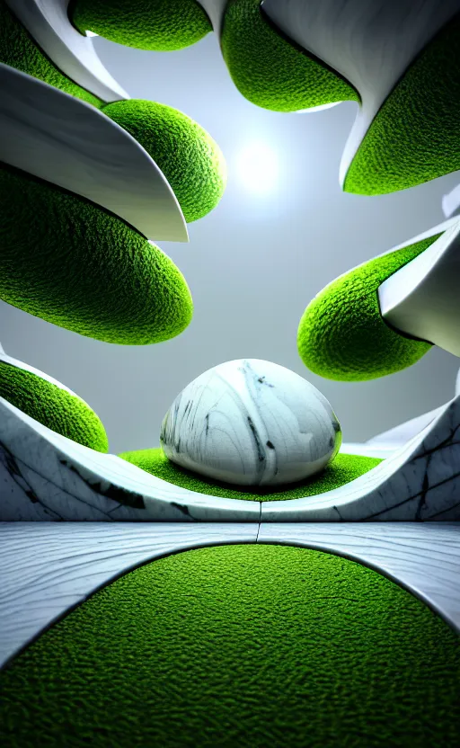 Image similar to highly detailed ultra sharp 3 d render cinematic composition of a smooth ceramic porcelain magnolia stone white fluid fractal sci - fi surreal architecture landscape, marble, magnesium, vining foliage blooms, archviz, vincent callebaut composition, mamou - mani, beautiful lighting, 8 k, unreal engine, hdr, dof